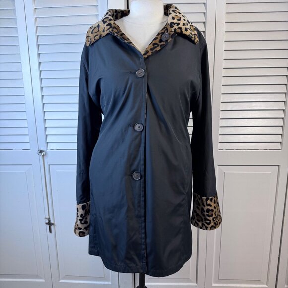 DENNIS BASSO PLUS SIZE 2X REVERSIBLE LEOPARD PLUSH & BLACK TRENCH COAT MOB WIFE - Picture 1 of 12